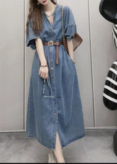 Vestido largo de mezclilla con cuello en V azul único, botones y fajas de patchwork, manga corta